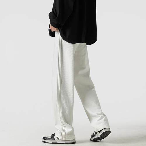 Sjc project杏色阔腿卫裤男春秋直筒宽松裤子潮ins加绒条纹运动裤 - 图1