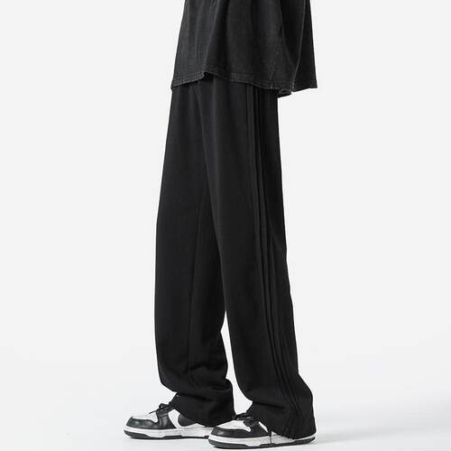 Sjc project杏色阔腿卫裤男春秋直筒宽松裤子潮ins加绒条纹运动裤 - 图0