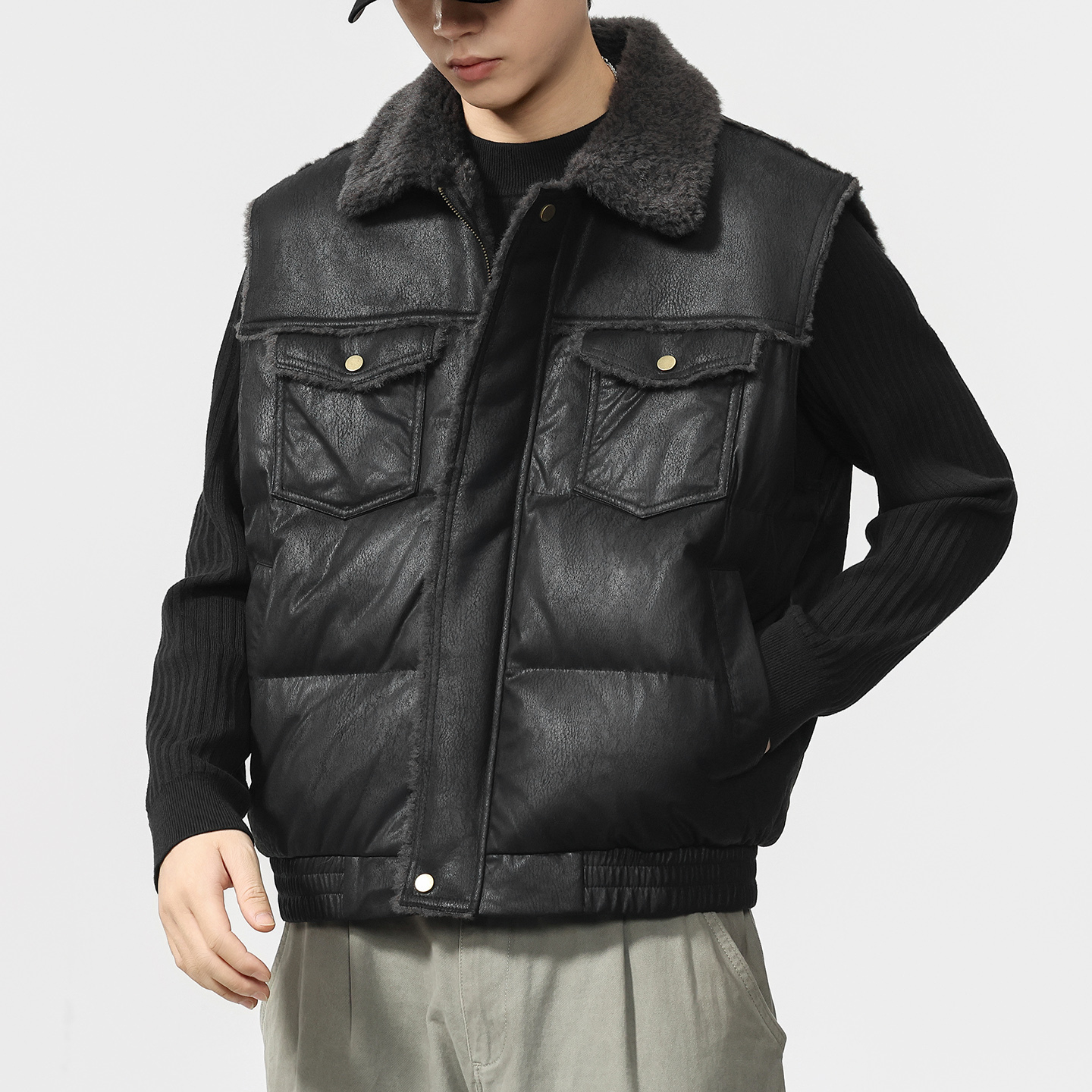 男士黑色保暖羽绒马甲男款加厚2025新款冬季背心休闲外套皮衣夹克 - 图1