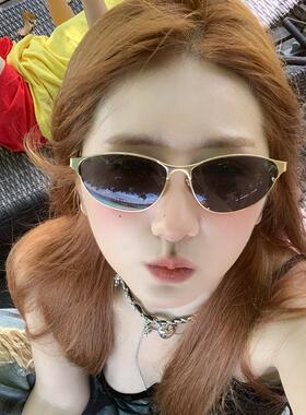 美式复古金属框浅蓝色猫眼墨镜高级感辣妹Y2K太阳眼镜防紫外线潮