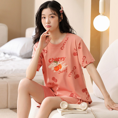 睡衣女夏纯棉短袖可外穿薄款家居服夏季甜美可爱卡通学生两件套装 - 图1