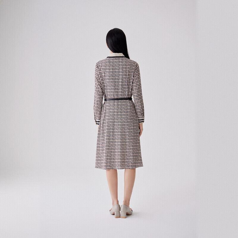 天轩商场同款2023女连衣裙新中长款咖格系带时尚名媛气质THQD151