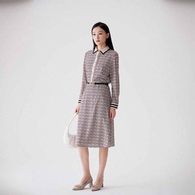 天轩商场同款2023女连衣裙新中长款咖格系带时尚名媛气质THQD151