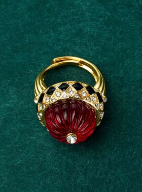 中古时尚气质戒指开口镶钻轻奢宴会手饰文艺复古新年红色饰品女