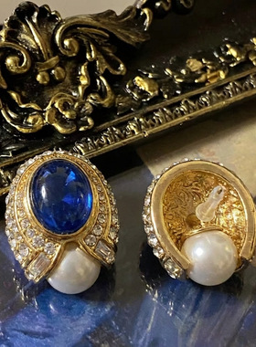 中古vintage复古宫廷风蓝色琉璃珍珠耳钉轻奢感古董精致气质耳饰