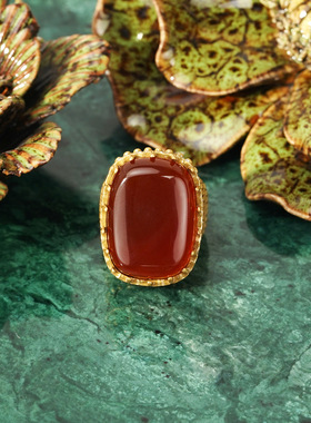 中古vintage饰品镶嵌红玛瑙戒指女时尚百搭简约复古轻奢红色手饰