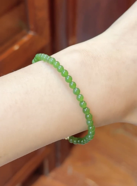 新疆直发正品和田玉碧玉手链小米珠单圈手串女款天然玉石带证书