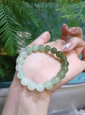 新疆直发包邮和田玉白玉湖水绿渐变色手链女款单圈圆珠手串带证书