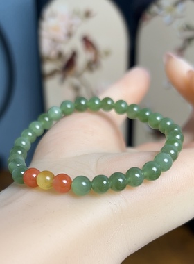 新疆直发正品和田玉碧玉手串俄料天然玉石圆珠单圈手链带证书