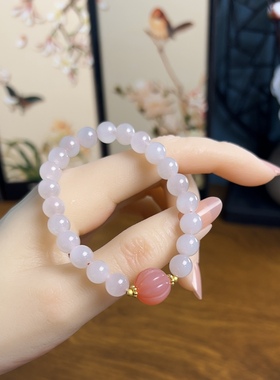 新疆直发正品和田玉藕粉手链天然玉石老料手串女款单圈珠子带证书