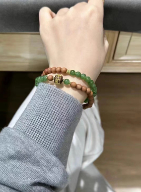 新疆直发包邮天然和田玉碧玉手链女款圆珠两圈手串搭配老山檀