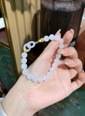新疆直发包邮天然和田玉白玉手链单圈女圆珠手串环环相扣8带证书