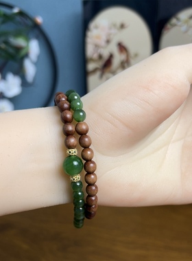 新疆直发正品和田玉碧玉手串俄料天然玉石圆珠手链珠串搭配老山檀