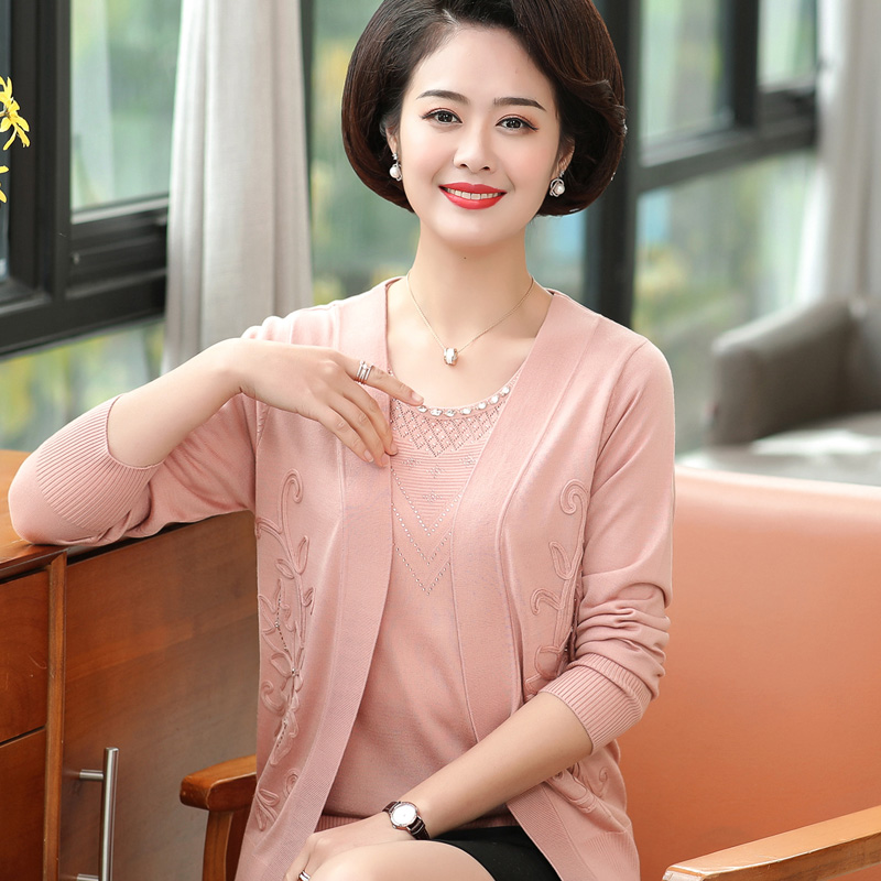 春装新款中老年女装针织衫短袖 恤真两件套胖妈妈装长袖开衫外套 t 春装新款中老年女装针织衫短袖 恤真两件套胖妈妈装长袖开衫外套 t