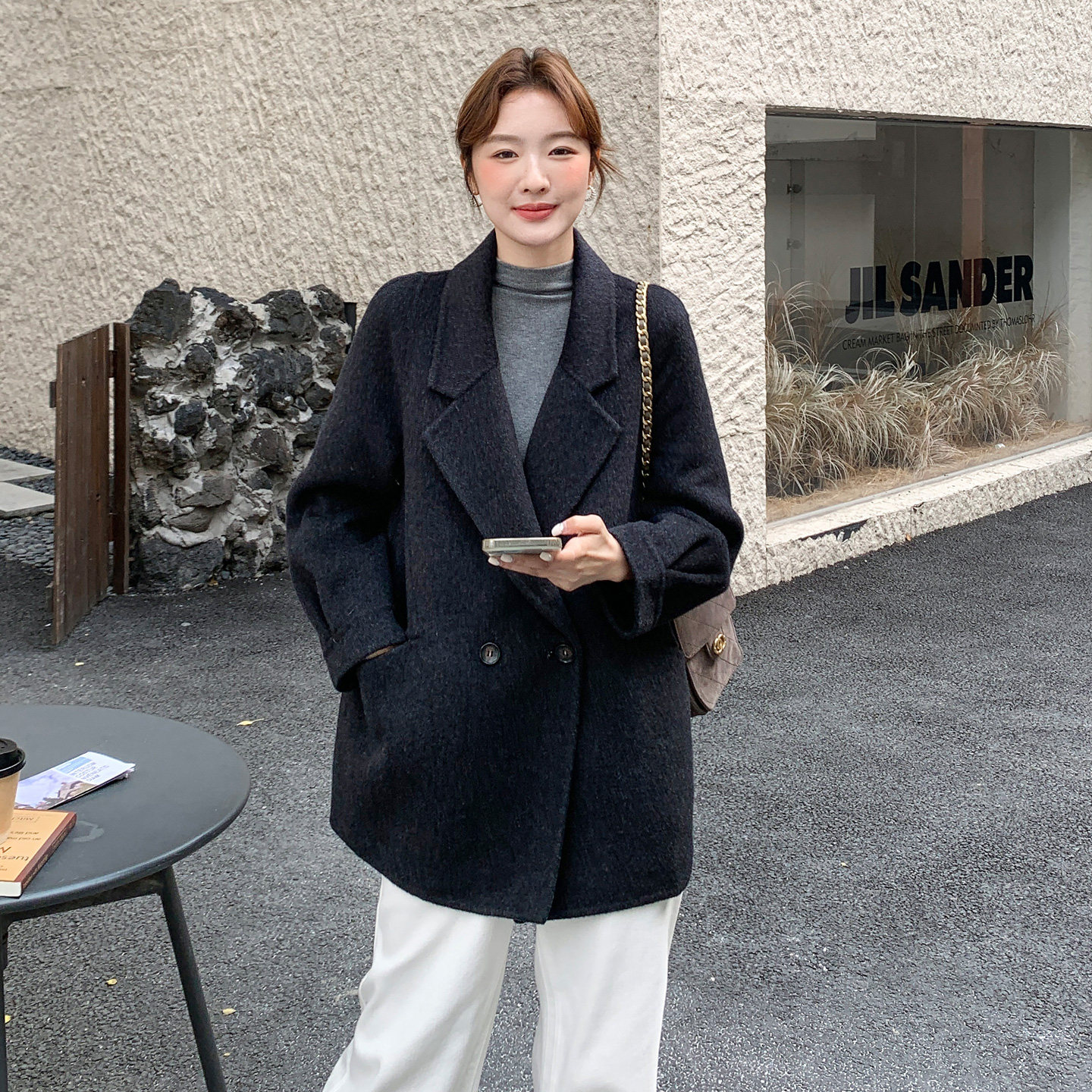 漫沿MANYAN灰色短款羊毛羊绒大衣高级双面呢子正肩毛呢西装外套女,淘宝优惠券,粉丝福利购,淘宝优惠卷