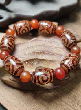 西藏真品玛瑙红皮水纹三眼天珠手链天然老玛瑙多宝保真天珠手串