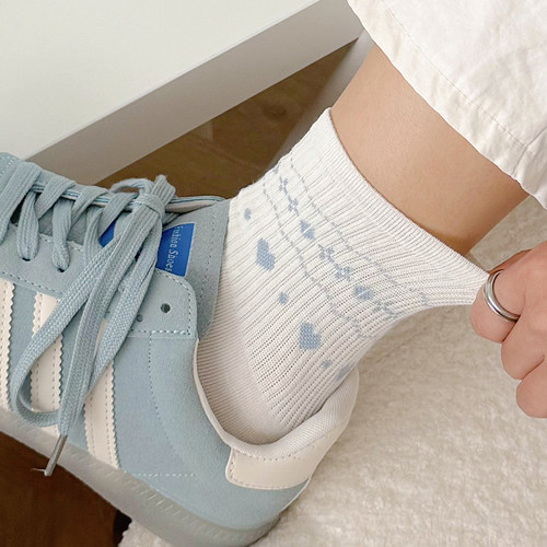 春秋新款蓝色袜子女中筒袜透气棉袜秋季韩版无骨运动风蝴蝶结长袜 - 图1
