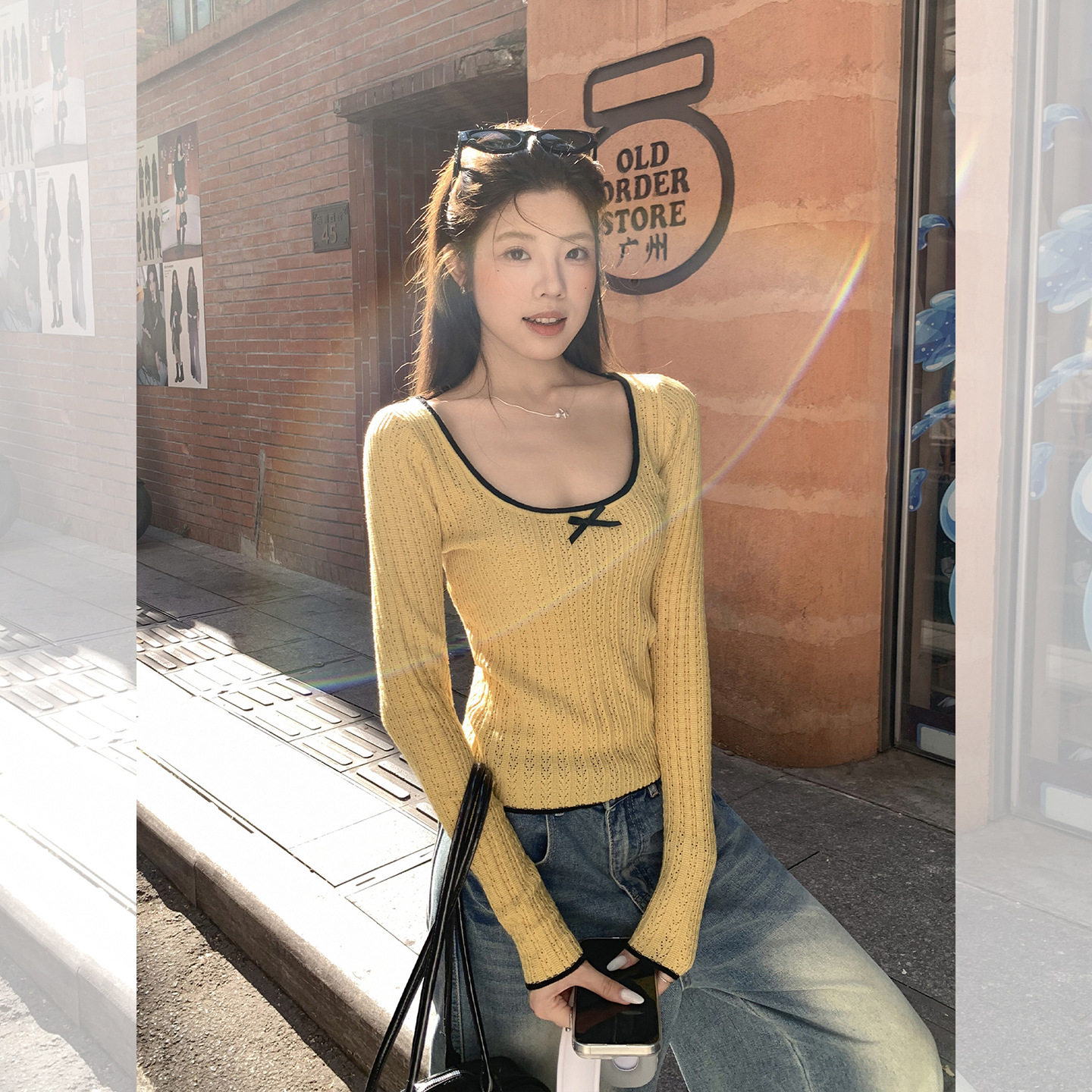 蝴蝶结撞色毛针织长袖T恤女韩系早秋穿搭正肩修身内搭打底衫上衣,淘宝优惠券,粉丝福利购,淘宝优惠卷