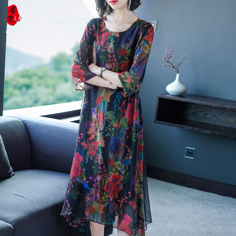 妈妈款夏装连衣裙时尚显瘦中老年女装中年女士遮肚藏肉印花大摆裙 妈妈款夏装连衣裙时尚显瘦中老年女装中年女士遮肚藏肉印花大摆裙