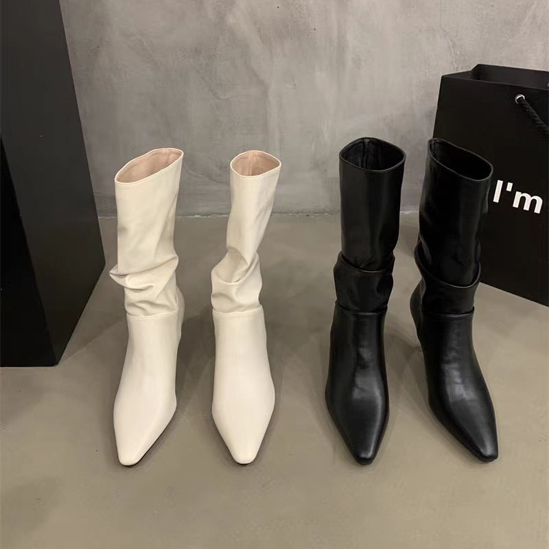 细跟白色堆堆中筒骑士靴女鞋2025新款秋冬季时装靴尖头气质高跟 - 图2