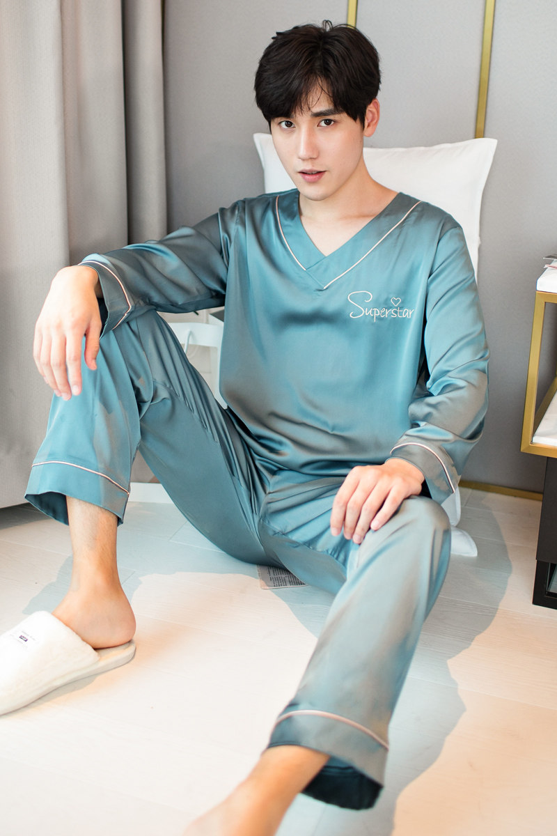 卡欧澜男春秋v领仿真丝绸长袖睡衣 卡欧澜睡衣/家居服套装