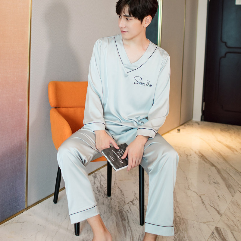 卡欧澜男春秋v领仿真丝绸长袖睡衣 卡欧澜睡衣/家居服套装