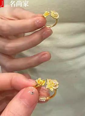 真金电镀中古锆石花朵开口戒指女