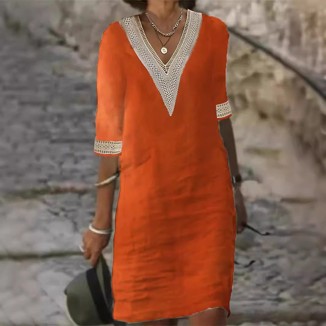 2024 Women's solid V-neck mid sleeved casual dress休闲连衣裙,淘宝优惠券,粉丝福利购,淘宝优惠卷