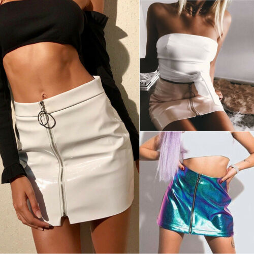 Women Fashion Sexy High Waist Circle Zipper Shiny PU Skirts - 图0