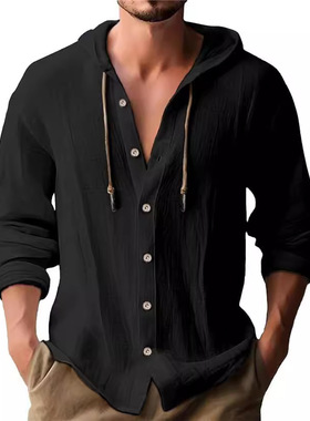 Men's solid color casual long-sleeve hoodie shirt 休闲男衬衣