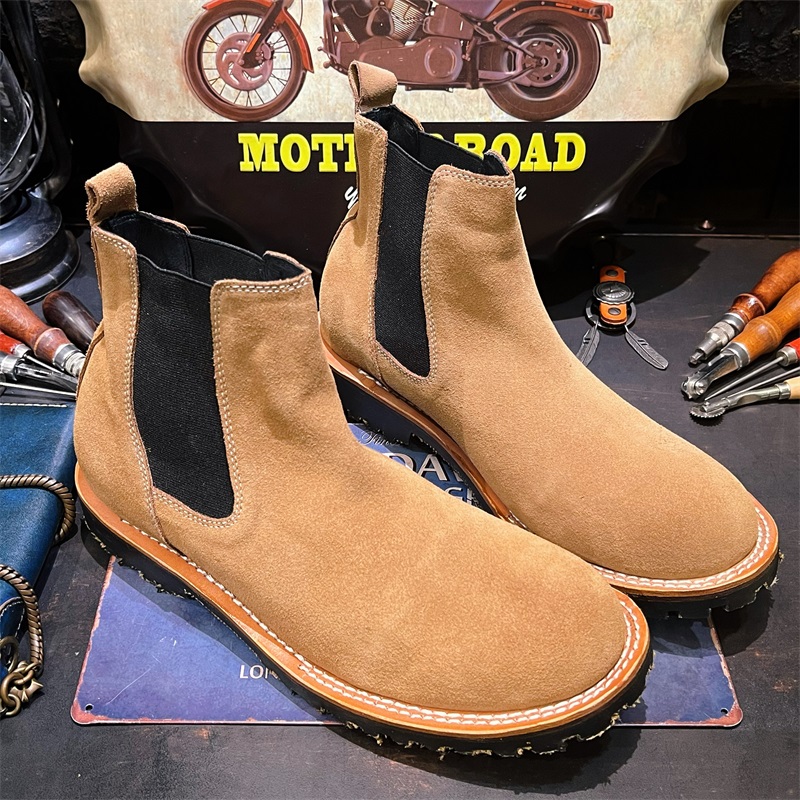 固特异美式复古真皮工装鞋英伦风翻毛牛皮切尔西靴马丁伞兵短靴男 - 图0