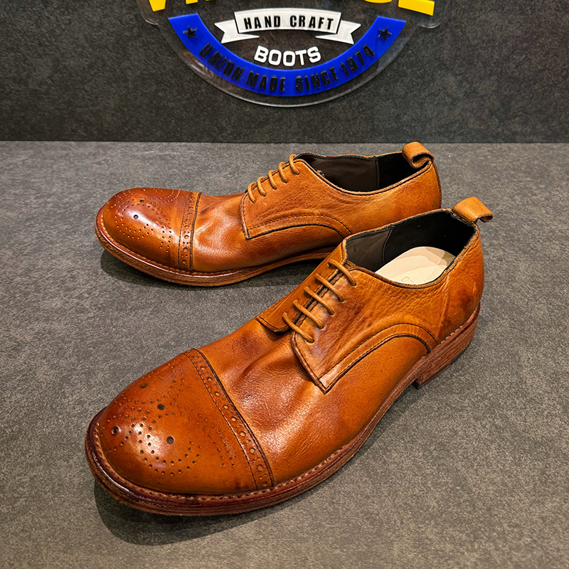 高端水洗纯圆头层植鞣牛皮鞋男款通勤英伦风布洛克德比鞋复古真皮 - 图0