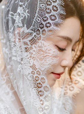 头纱蕾丝新娘结婚主婚纱领证拍照