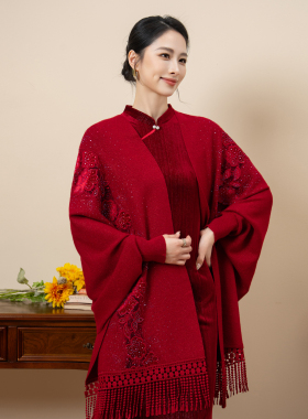 红色刺绣流苏披肩旗袍礼服妈妈款