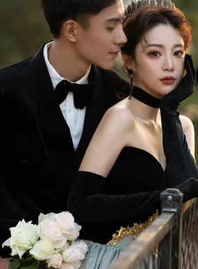 鞠婧祎热巴同款黑色丝绒婚纱手套