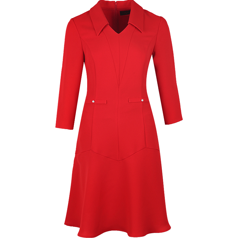 秋装女2023年新款翻领气质简约七分袖收腰显瘦红色连衣裙高级感