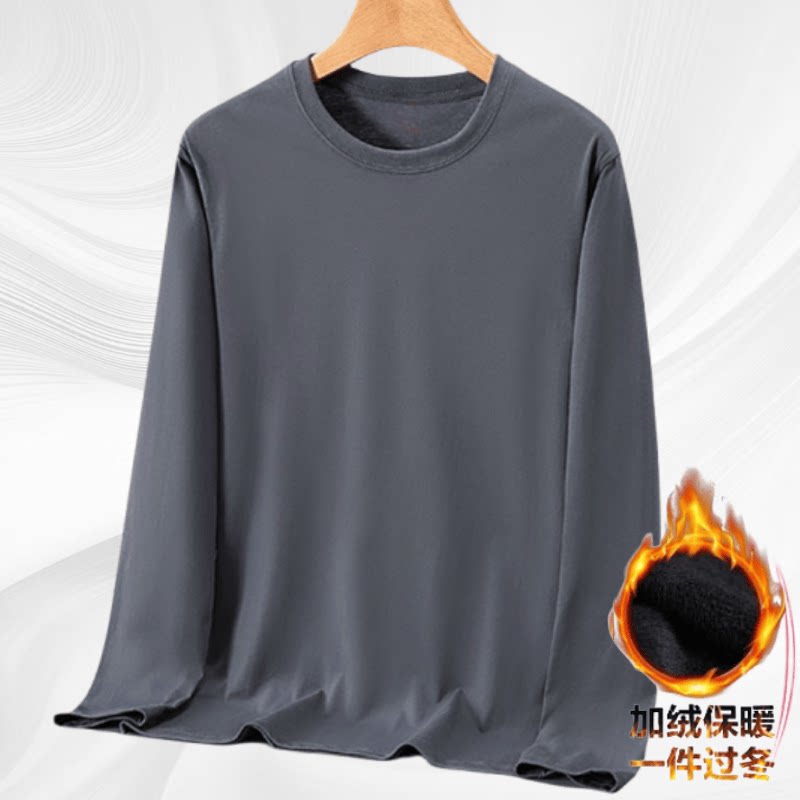 长袖新款100纯棉加绒圆领男装大码秋冬宽松纯色T恤男士秋衣打底