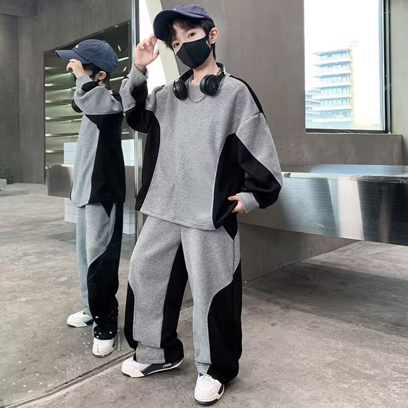 撞色卫衣套装男童春秋季休闲运动两件套中大童帅气潮流冬季加绒款,淘宝优惠券,粉丝福利购,淘宝优惠卷