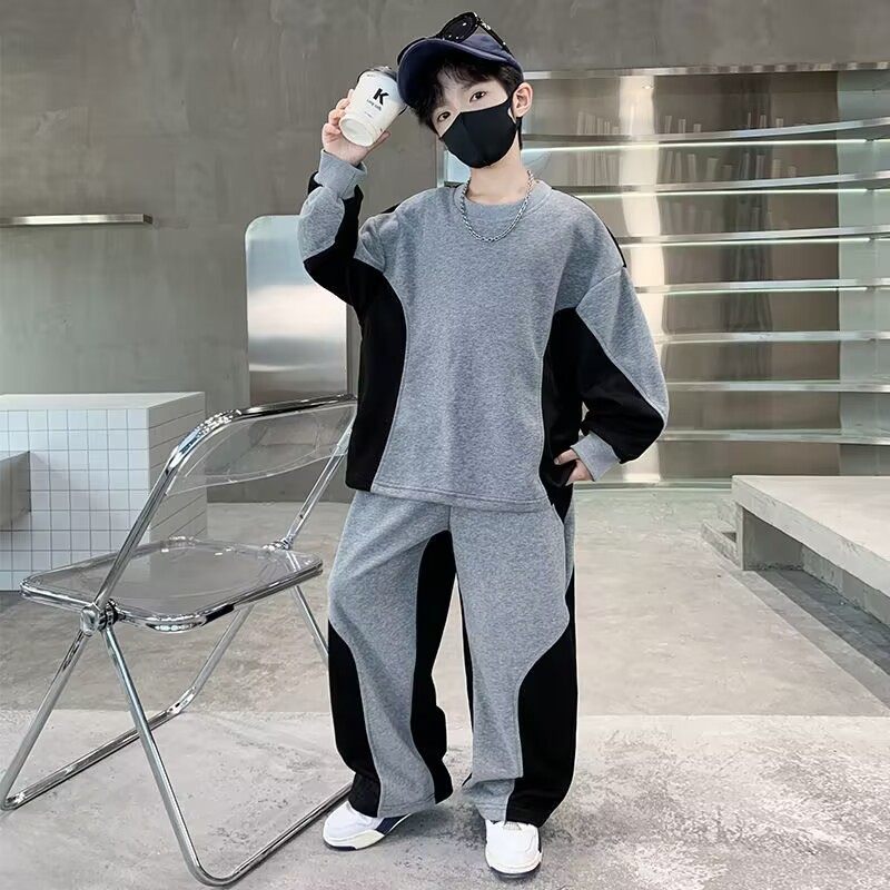 撞色卫衣套装男童春秋季休闲运动两件套中大童帅气潮流冬季加绒款,淘宝优惠券,粉丝福利购,淘宝优惠卷