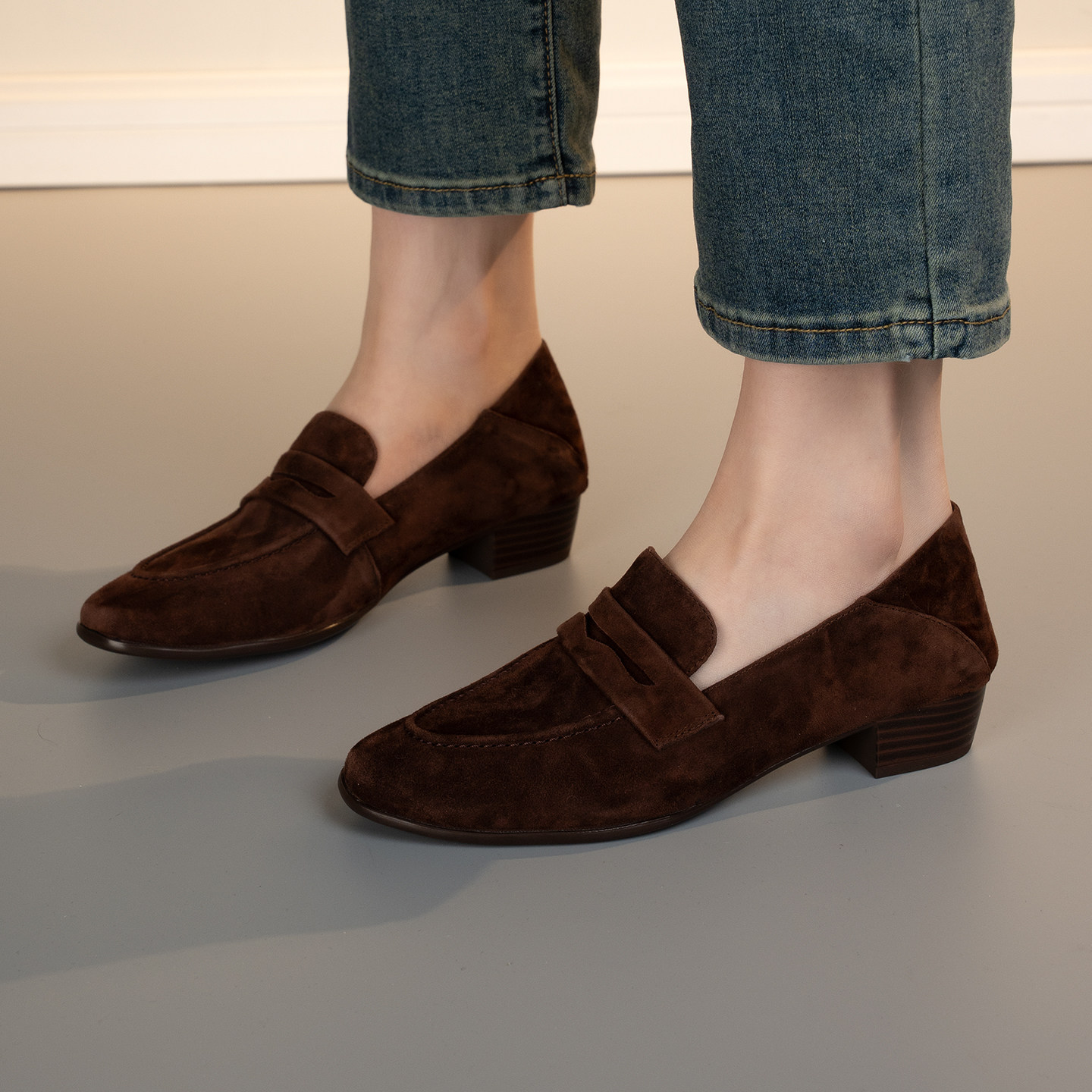 简约复古磨砂羊皮乐福鞋女中跟一脚蹬深口单鞋百搭舒适粗跟圆头,淘宝优惠券,粉丝福利购,淘宝优惠卷