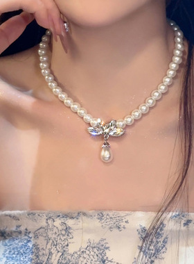 冷淡风镶钻蝴蝶流苏珍珠项链气质时尚锁骨链网红高级感项链