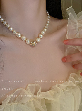 法式复古镶钻磁铁珍珠项链韩国小众设计感锁骨链百搭气质项饰潮女