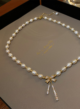 满钻蝴蝶结珍珠项链女优雅轻奢感颈链气质小众设计百搭锁骨链