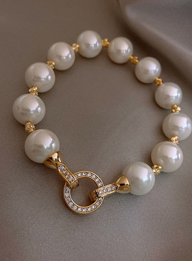 真金电镀锆石圆圈珍珠手链时尚气质手环百搭复古轻奢感手饰女