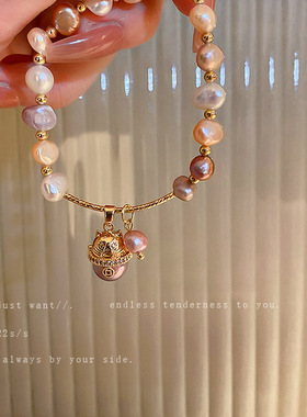 巴洛克淡水珍珠锆石手链设计感小猫头手环手串网红时尚气质手饰女