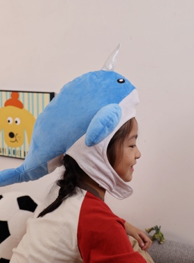可爱搞怪卡通海洋生物蓝色独角鲸头套帽子拍照儿童摄影表演道具