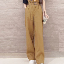 Summer new flower bud high waist with belt linen straight cylinder wide pants casual long pants woman