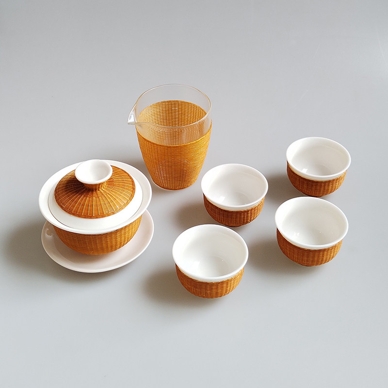 竹丝扣瓷茶具盖碗套装非遗特色瓷胎竹编茶具商务送礼送外国友人,淘宝优惠券,粉丝福利购,淘宝优惠卷