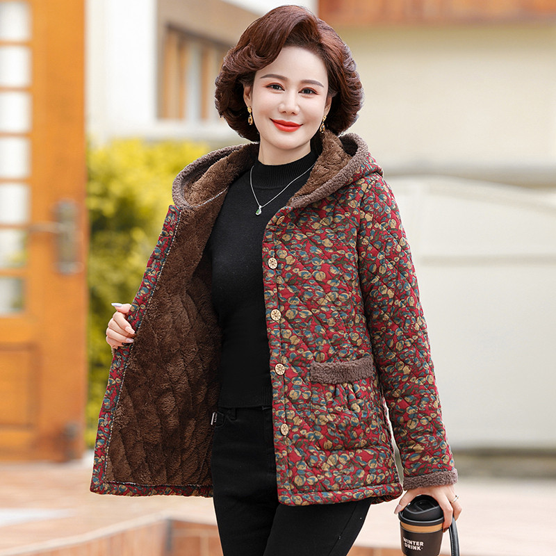 妈妈装秋冬加绒碎花棉袄连帽洋气中老年加厚保暖棉衣外套女大码,淘宝优惠券,粉丝福利购,淘宝优惠卷