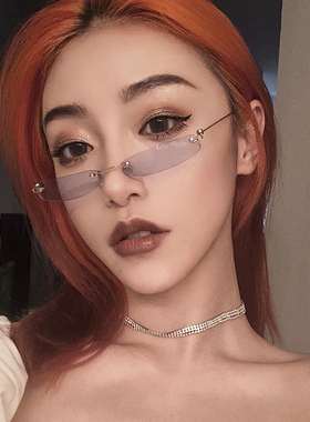 无框小镜片墨镜女潮嘻哈海边小脸